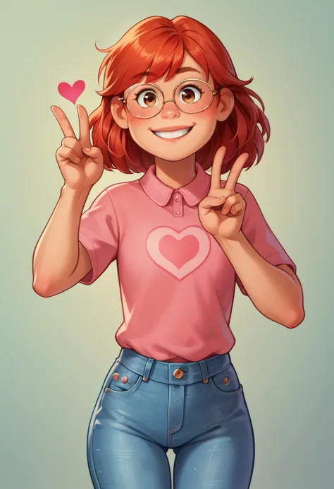 may lee, red hair, eyes browns, tilt your head, cowboy shot, thin glasses, cerulean, ((pink polo blouse), bared shoulders, 1 gir...