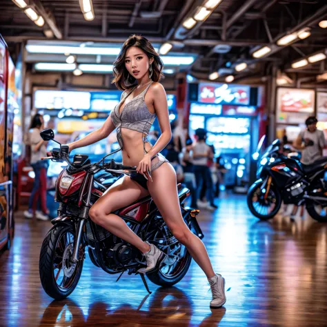 (ExtremelyDetailed((Song Joo A))) clearly visible the shape of Butt, Radiant Ivory Skin with Transparency, motor cycle event gir...