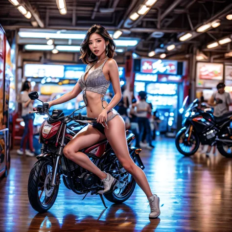 (extremelydetailed((song joo a))) clearly visible the shape of butt, radiant ivory skin with transparency, motor cycle event gir...