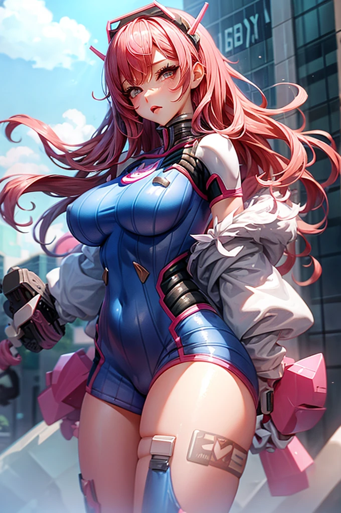 busty bimbo with long bubblegum pink hair, thick hips, D. Va, blowing bubble gum