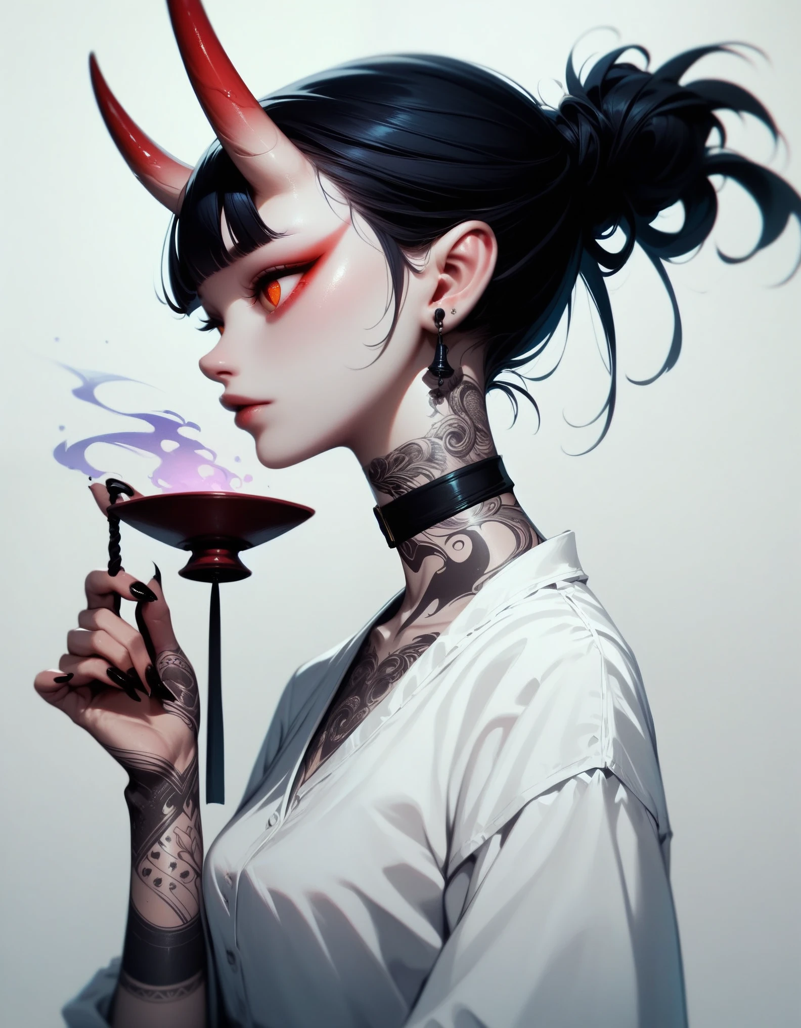 (score_9, score_8_up, score_7_up), zPDXL, 1 girl, alone, profile, pensive look, simple background, dark room, sitting on a chair, snake eyes, upper body, tied hair, black hair, simple clothes, horns, white shirt, holding incense, tattoos, incense releasing smoke, black choker, background of a room, red oni horns, blunt bangs, dark aura, tattoos all over body, side view