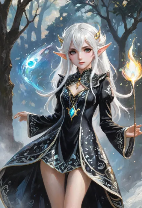 1 magician girl, expressive eyes, elf ear, white hair, black patterned clothes dress, using his magic powers, full length portra...