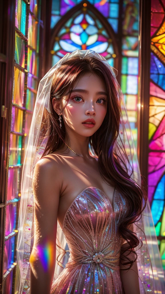 Ruby red (Zoom Layer) Top quality 8K masterpieces ((Professional photos)), (((Clarice from Cagliostro))) (Detailed white wedding dress), Lock, (((Highly detailed KAWAII face))) {((Veil Face))|Blonde|(Exquisite BlueEyes)and(Sparkling Highlights:1.28)}, The background is far away (((Exquisite stained glass))) Rainbow Glass, {(Mystic Site)|Enchanting atmosphere|mist|(Godrays)|Tyndall effect}, Radiant PearlSkin and Transparency, (Expose:0.39)