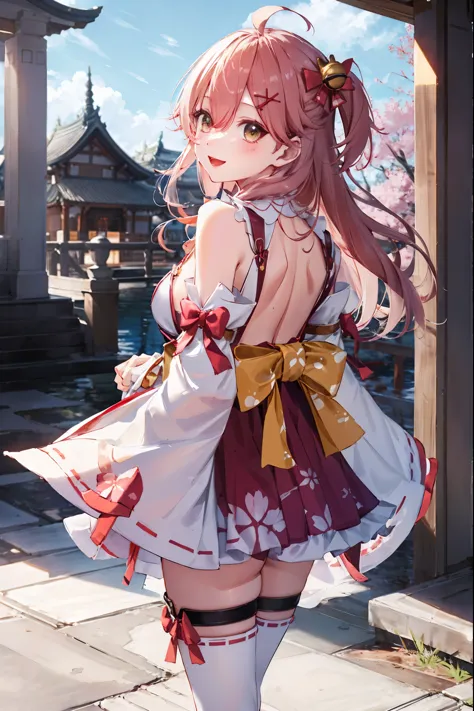 masterpiece, best quality, highres, miko1, sakura_miko, 1girl, big_boobs, solo, ahoge, x_hair_ornament, pink_hair, floral print, hairclip,(side_less_clothes:1.5), (side_boobs:1.5), hair_bell, floral print, long_hair, hair between eyes, one side up, white thighhighs, asymmetrical legwear, wide sleeves, open_mouth,(happy:1.3),gleen_eyes,big_smile,(rise_leg:1.3),plump,apart_legs,(overly_long_sleeves:1.3),),sleeves_past_wrists,hands_hidden_sleeves,sidelock_clothes,dynamic_posing,solo,hidden_wrists,(XD:1.4),covered_nipples,sunlight,cherryblossom_temple_landscape_background,