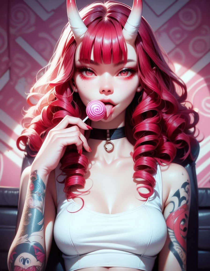 (score_9, score_8_up, score_7_up), zPDXL, 1 girl, alone, looking at viewer, leering, pink candy patterned background, hotel room, sitting on chair, snake eyes, upper body, curly hair, red hair, tight clothing, horns, white top, sucking on a lollipop, tattoos, tongue in lollipop, black choker, background of a room, red oni horns, blunt bangs, provicative aura, sexy, tattoos all over body, front view