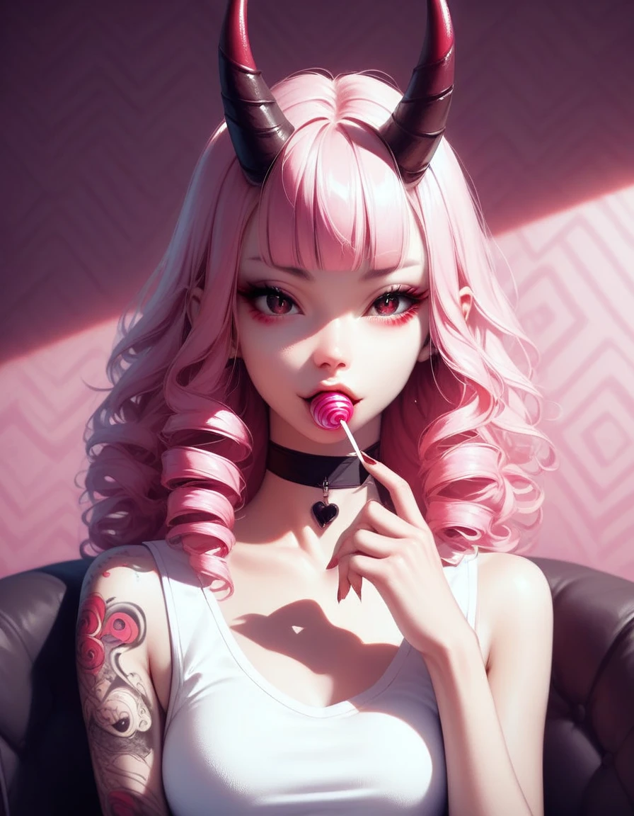 (score_9, score_8_up, score_7_up), zPDXL, 1 girl, alone, looking at viewer, leering, pink candy patterned background, hotel room, sitting on chair, snake eyes, upper body, curly hair, red hair, tight clothing, horns, white top, sucking on a lollipop, tattoos, tongue in lollipop, black choker, background of a room, red oni horns, blunt bangs, provicative aura, sexy, tattoos all over body, front view