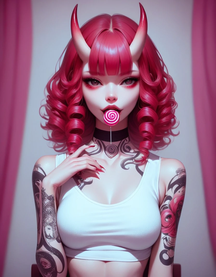 (score_9, score_8_up, score_7_up), zPDXL, 1 girl, alone, looking at viewer, leering, pink candy patterned background, hotel room, sitting on chair, snake eyes, upper body, curly hair, red hair, tight clothing, horns, white top, sucking on a lollipop, tattoos, tongue in lollipop, black choker, background of a room, red oni horns, blunt bangs, provicative aura, sexy, tattoos all over body, front view