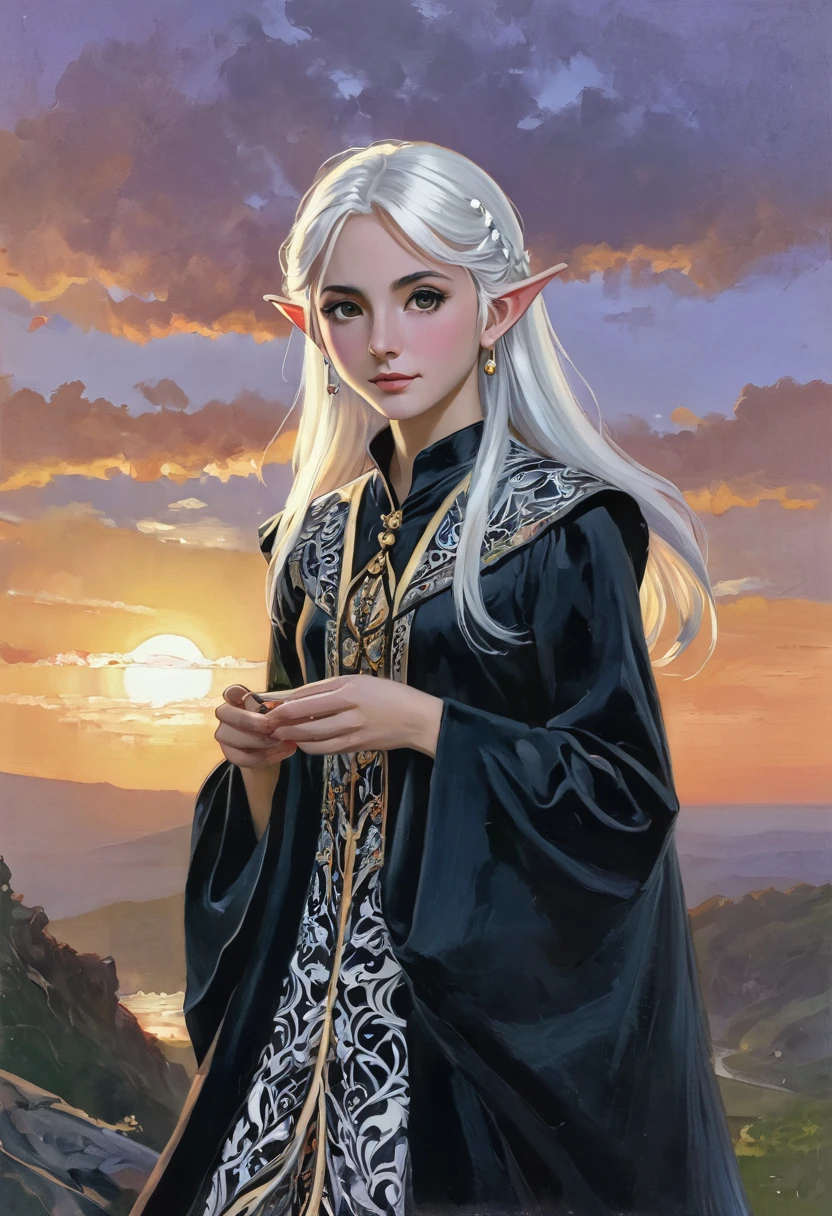 1 magician girl, expressive eyes, elf ear, white hair, black patterned clothes dress, using his magic powers, full length portrait , sunset in background, detail richness, masterpiece, best quality