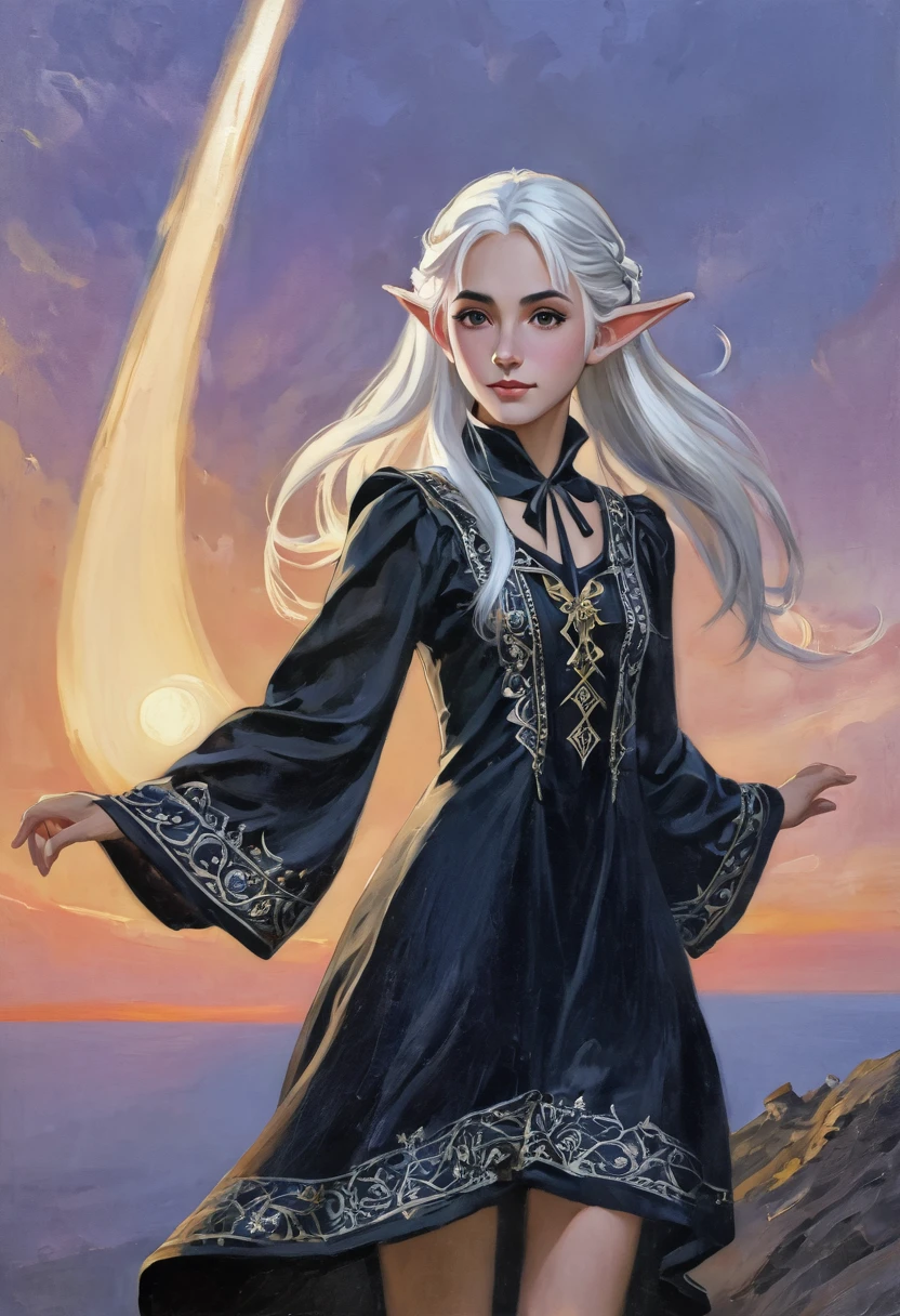 1 magician girl, expressive eyes, elf ear, white hair, black patterned clothes dress, using his magic powers, full length portrait , sunset in background, detail richness, masterpiece, best quality