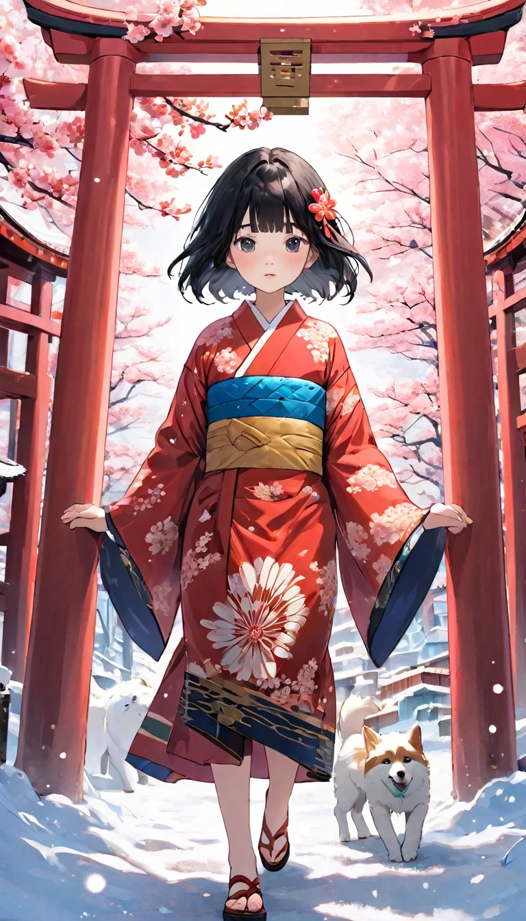 (((White Background、White world)))、14 years、unity 8k wallpaper、Very detailed、beautifully、aesthetic、masterpiece、Highest quality、(Tangleの、Mandala、Tangle、Tangle)、(Fractal Art:1.3)、One Girl、Beautiful black hair、Japanese、Big pink、Red kimono、Japanese Shrines、Red Torii Gate、Guardian Dog、Blue sky、Blurred Background、The background is blurred、loose、