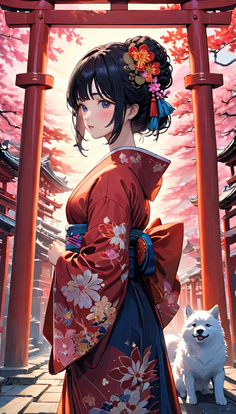 unity 8k wallpaper、Very detailed、beautifully、aesthetic、masterpiece、Highest quality、(Tangleの、Mandala、Tangle、Tangle)、(Fractal Art:1.3)、One Girl、Beautiful black hair、Japanese、Big pink、Red kimono、Japanese Shrines、Red Torii Gate、Guardian Dog、Blue sky、Blurred Background、The background is blurred、loose、