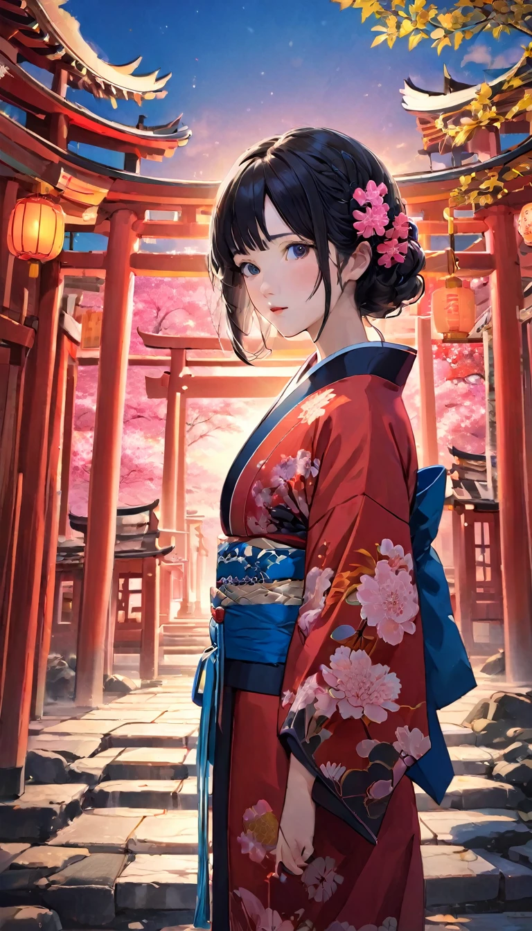 unity 8k wallpaper、Very detailed、beautifully、aesthetic、masterpiece、Highest quality、(Tangleの、Mandala、Tangle、Tangle)、(Fractal Art:1.3)、One Girl、Beautiful black hair、Japanese、Big pink、Red kimono、Japanese Shrines、Red Torii Gate、Guardian Dog、Blue sky、Blurred Background、The background is blurred、loose、