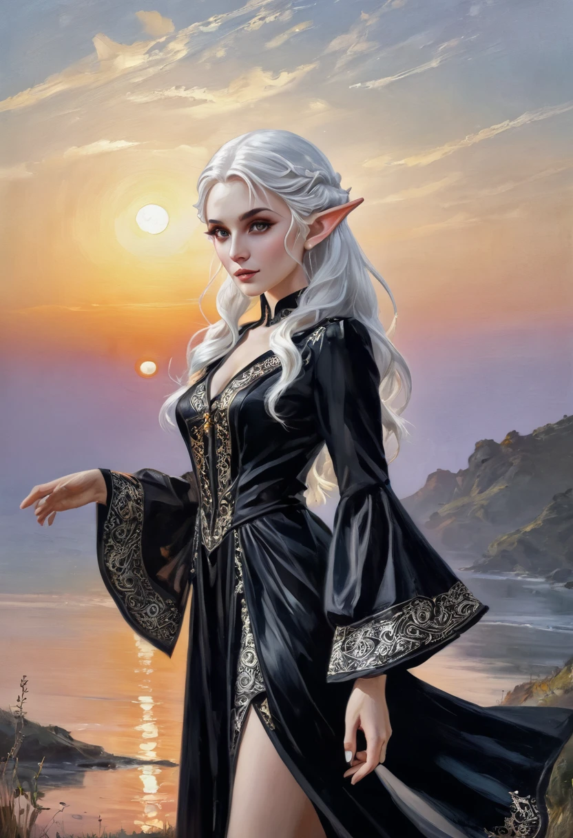 1 gorgeous magician woman using his magic powers, expressive eyes, elf ear, white hair, black patterned clothes dress, , full length portrait , sunset in background, detail richness, masterpiece, best quality