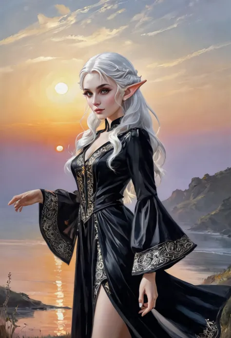 1 gorgeous magician woman using his magic powers, expressive eyes, elf ear, white hair, black patterned clothes dress, , full le...
