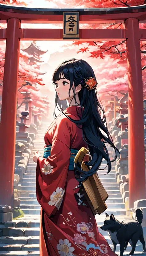 unity 8k wallpaper、Very detailed、beautifully、aesthetic、masterpiece、Highest quality、(Tangleの、Mandala、Tangle、Tangle)、(Fractal Art:1.3)、One Girl、Beautiful black hair、Japanese、Big pink、Red kimono、Japanese Shrines、Red Torii Gate、Guardian Dog、Blue sky、Blurred Background、The background is blurred、loose、
