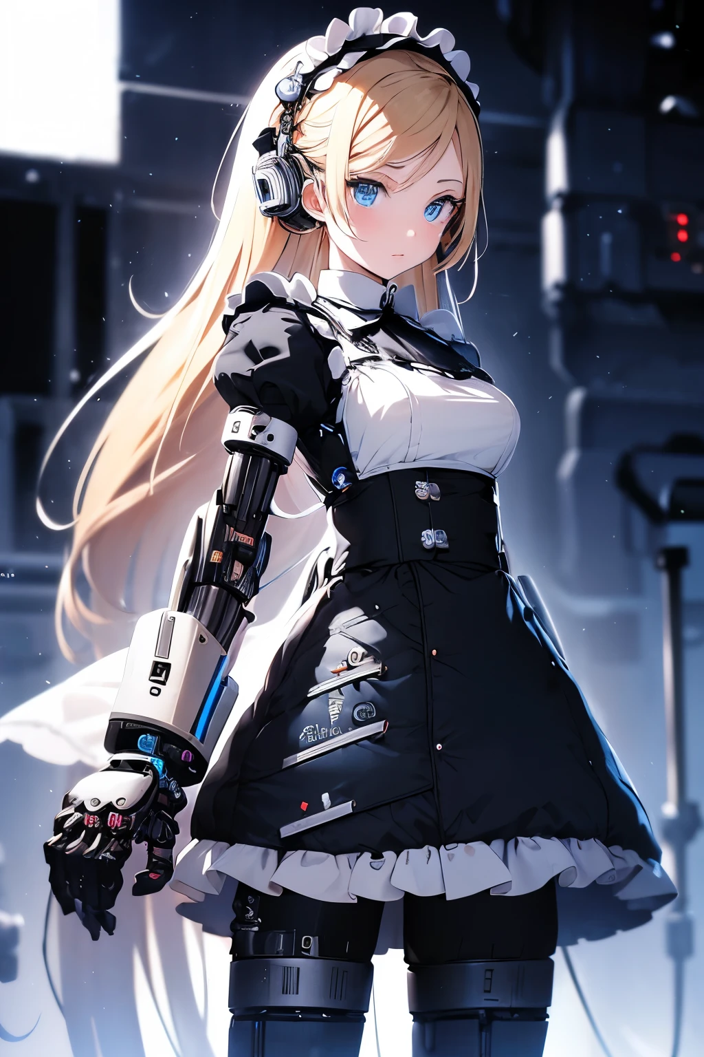    Ultra detailed, mime girl, loli:1.5, child:1.5 10yo:1.5) , very  long  blonde hair ) blue eyes cybernetic , mechanical limbs,  biomechanical,  maid uniform,  robotic  hands , forte , mechanical legs.  