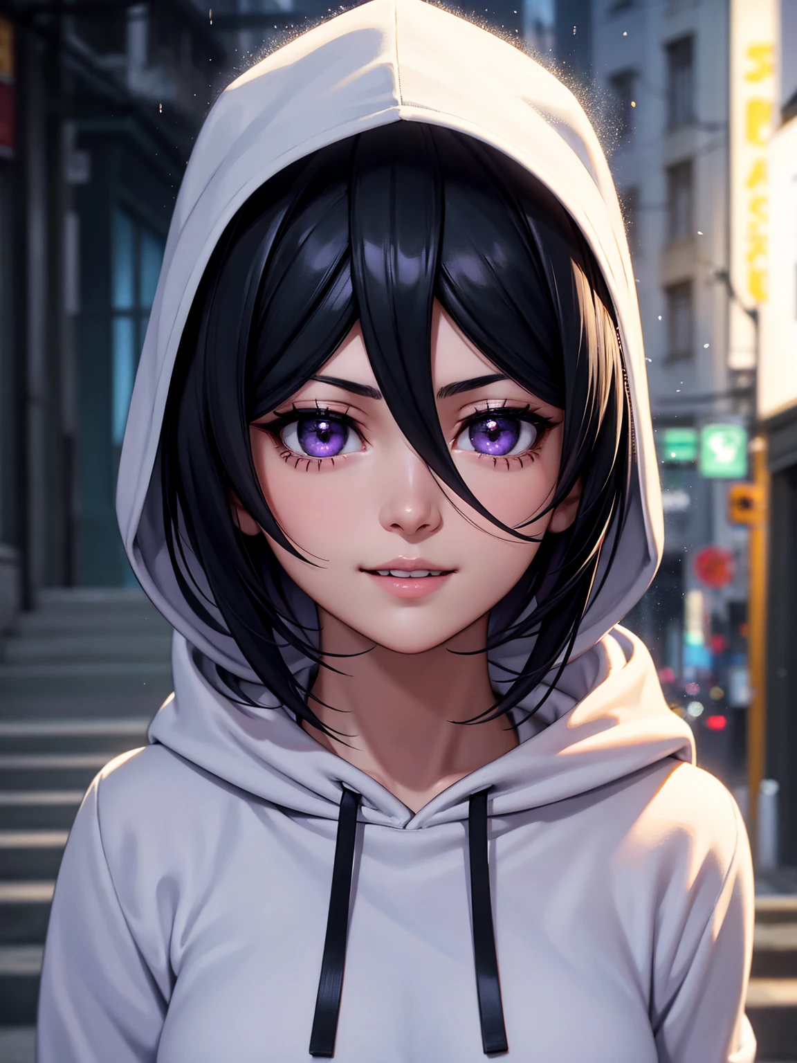 rich in detail:1.5, high resolution, Natural strokes and colors, natural lighting, face detailed, detailed hair, eye detailed, detailed nose, detailed lips. an adult and beautiful girl:1.9, wearing a white sweatshirt, wearing hood, City raining at night, with short black hair, purple eyes, and with a smile rukia kuchiki.