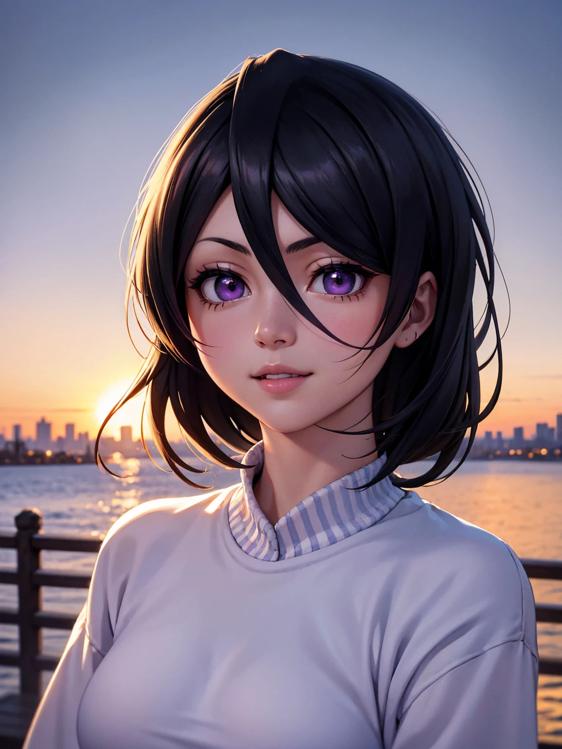 rich in detail:1.5, high resolution, Natural strokes and colors, natural lighting, face detailed, detailed hair, eye detailed, detailed nose, detailed lips. an adult and beautiful girl:1.9, wearing a white sweatshirt, city with sunset, with short black hair, purple eyes, and with a smile rukia kuchiki.