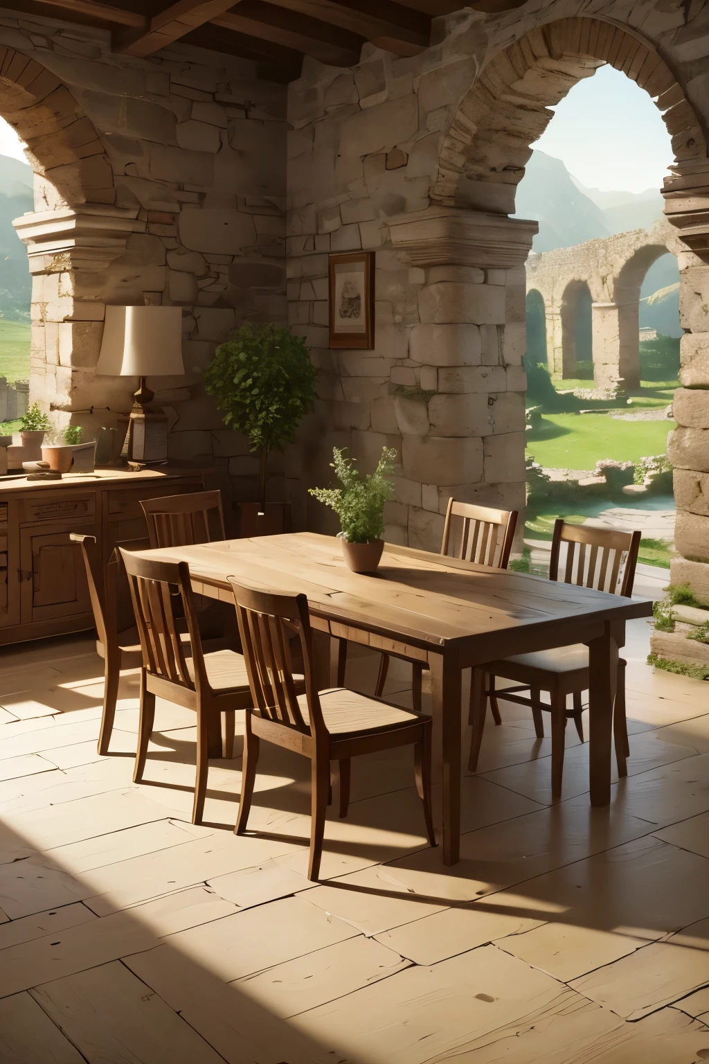 modelshoot style, (extremely detailed CG 8k wallpaper), in the center of the room a wide and long wooden table with food scraps, An old and wide room, with stone walls and little high, without ceiling, at the back of the room there are Roman stone arches in ruins open to a garden  