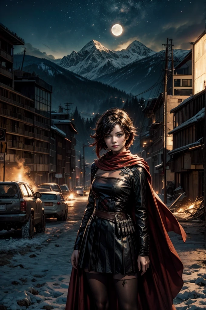 (masterpiece, best quality:1.2), cowboy shot, solo, 1girl, ruby rose, grin, looking at viewer, arms behind back, black dress, long sleeves, red cape, pantyhose, standing with crowd in city ruins on hill, overlooking valley, (crowd in military uniforms) BREAK night, stars, moon, snow, BREAK mountains in background, waterfall, vehicle wreck, , (crowd in military uniform), bonfires, post-apocalypse, dystopian future