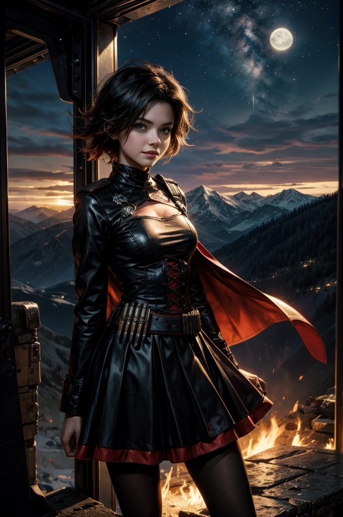 (masterpiece, best quality:1.2), cowboy shot, solo, 1girl, ruby rose, grin, looking at viewer, arms behind back, black dress, long sleeves, red cape, pantyhose, standing with crowd in city ruins on hill, overlooking valley, (crowd in military uniforms) BREAK night, stars, moon, snow, BREAK mountains in background, waterfall, vehicle wreck, , (crowd in military uniform), bonfires, post-apocalypse, dystopian future