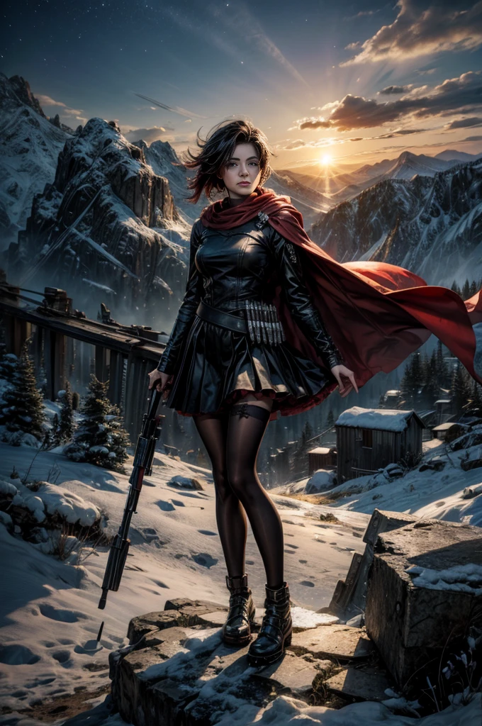 (masterpiece, best quality:1.2), cowboy shot, solo, 1girl, ruby rose, grin, looking at viewer, arms behind back, black dress, long sleeves, red cape, pantyhose, standing with crowd in city ruins on hill, overlooking valley, (crowd in military uniforms) BREAK night, stars, moon, snow, BREAK mountains in background, waterfall, vehicle wreck, , (crowd in military uniform), bonfires, post-apocalypse, dystopian future