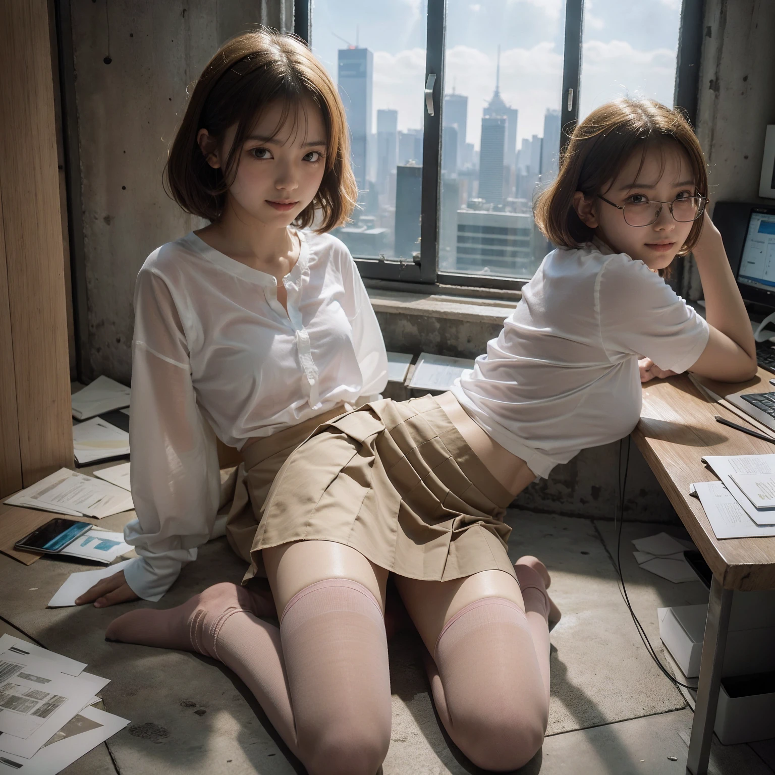 （anise、One Woman、10 years old、smile、Blonde、Thin glasses、Facing forward）、（White clothes、See-through shirt、Short pleated skirt in blue、Pink underwear、socks）、（Inside a skyscraper office at night）、（Sit with your legs apart）、（Hands tied and restrained）