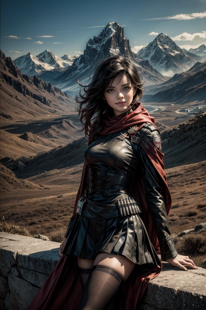 (masterpiece, best quality:1.2), cowboy shot, solo, 1girl, ruby rose, grin, looking at viewer, arms behind back, black dress, long sleeves, red cape, pantyhose, standing with crowd in city ruins on hill, overlooking valley, (crowd in military uniforms) BREAK mountains in background, waterfall, vehicle wreck, , (crowd in military uniform), bonfires, post-apocalypse, dystopian future