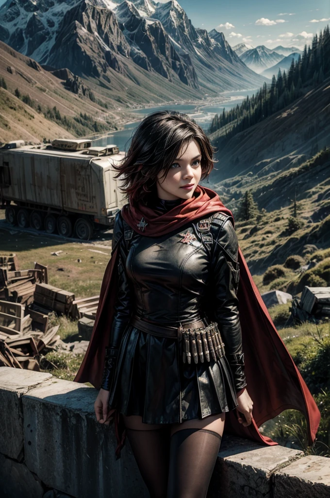 (masterpiece, best quality:1.2), cowboy shot, solo, 1girl, ruby rose, grin, looking at viewer, arms behind back, black dress, long sleeves, red cape, pantyhose, standing with crowd in city ruins on hill, overlooking valley, (crowd in military uniforms) BREAK mountains in background, waterfall, vehicle wreck, , (crowd in military uniform), bonfires, post-apocalypse, dystopian future