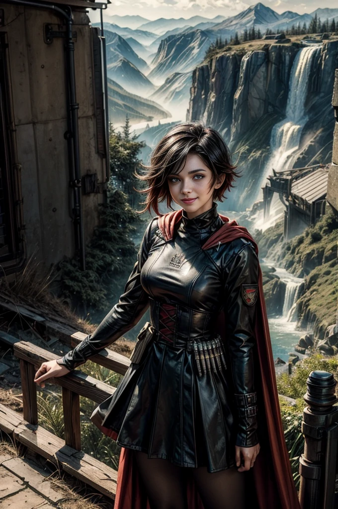 (masterpiece, best quality:1.2), cowboy shot, solo, 1girl, ruby rose, grin, looking at viewer, arms behind back, black dress, long sleeves, red cape, pantyhose, standing with crowd in city ruins on hill, overlooking valley, (crowd in military uniforms) BREAK mountains in background, waterfall, vehicle wreck, , (crowd in military uniform), bonfires, post-apocalypse, dystopian future