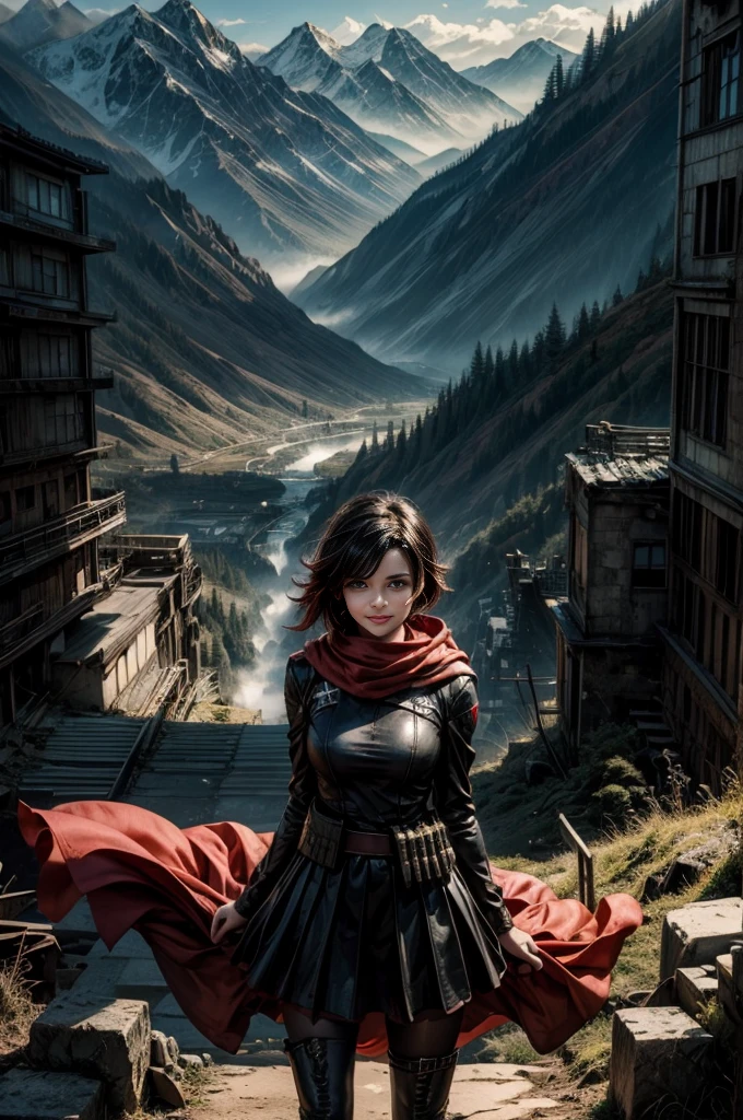 (masterpiece, best quality:1.2), cowboy shot, solo, 1girl, ruby rose, grin, looking at viewer, arms behind back, black dress, long sleeves, red cape, pantyhose, standing with crowd in city ruins on hill, overlooking valley, (crowd in military uniforms) BREAK mountains in background, waterfall, vehicle wreck, , (crowd in military uniform), bonfires, post-apocalypse, dystopian future