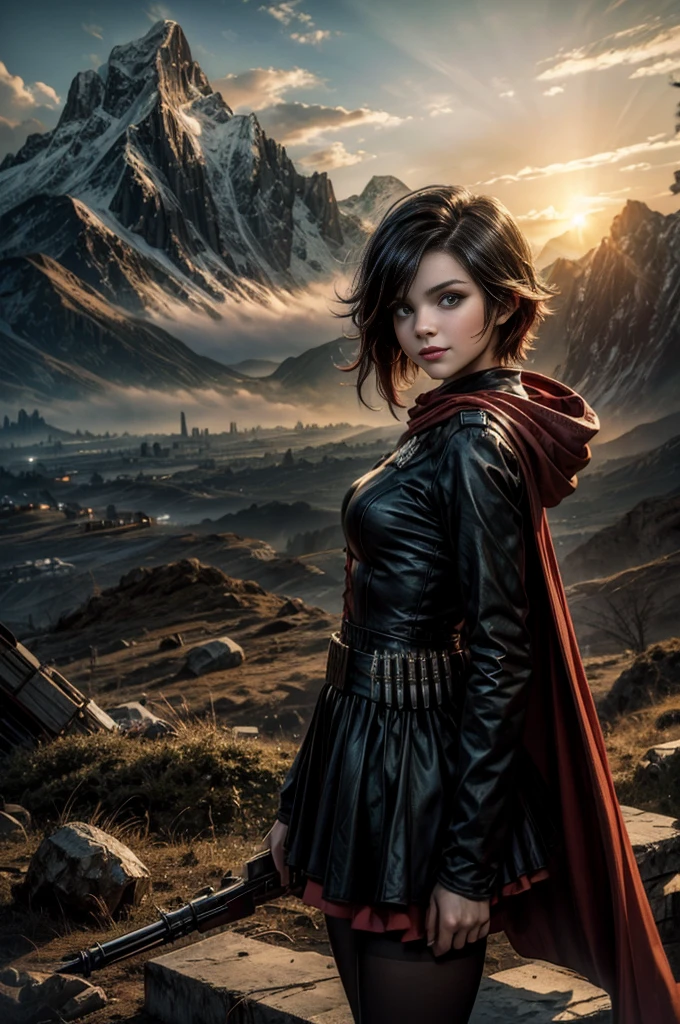 (masterpiece, best quality:1.2), cowboy shot, solo, 1girl, ruby rose, grin, looking at viewer, arms behind back, black dress, long sleeves, red cape, pantyhose, standing with crowd in city ruins on hill, overlooking valley, (crowd in military uniforms) BREAK mountains in background, waterfall, vehicle wreck, , (crowd in military uniform), bonfires, post-apocalypse, dystopian future