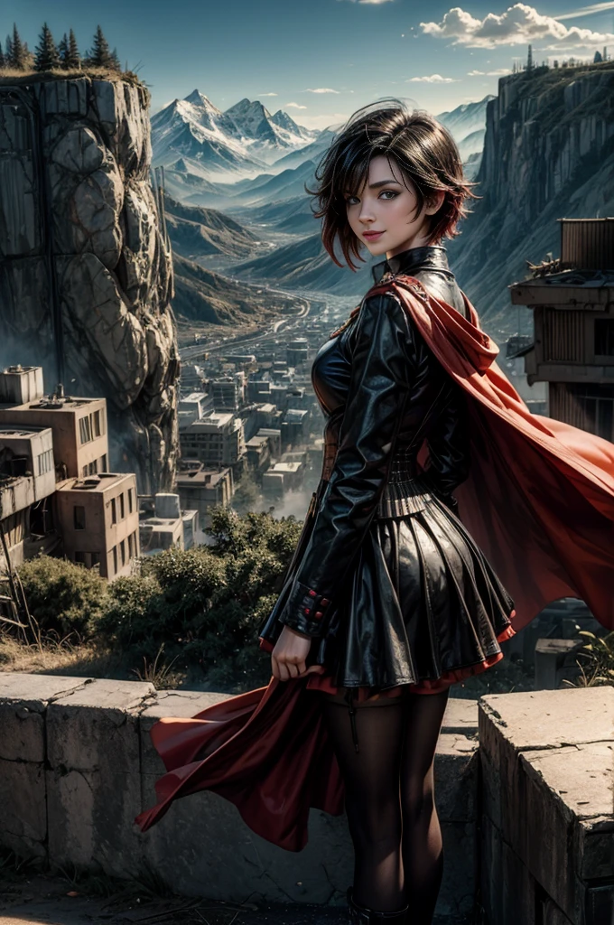 (masterpiece, best quality:1.2), cowboy shot, solo, 1girl, ruby rose, grin, looking at viewer, arms behind back, black dress, long sleeves, red cape, pantyhose, standing with crowd in city ruins on hill, overlooking valley, (crowd in military uniforms) BREAK mountains in background, waterfall, vehicle wreck, , (crowd in military uniform), bonfires, post-apocalypse, dystopian future