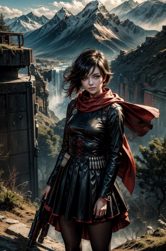 (masterpiece, best quality:1.2), cowboy shot, solo, 1girl, ruby rose, grin, looking at viewer, arms behind back, black dress, long sleeves, red cape, pantyhose, standing with crowd in city ruins on hill, overlooking valley, (crowd in military uniforms) BREAK mountains in background, waterfall, vehicle wreck, , (crowd in military uniform), bonfires, post-apocalypse, dystopian future