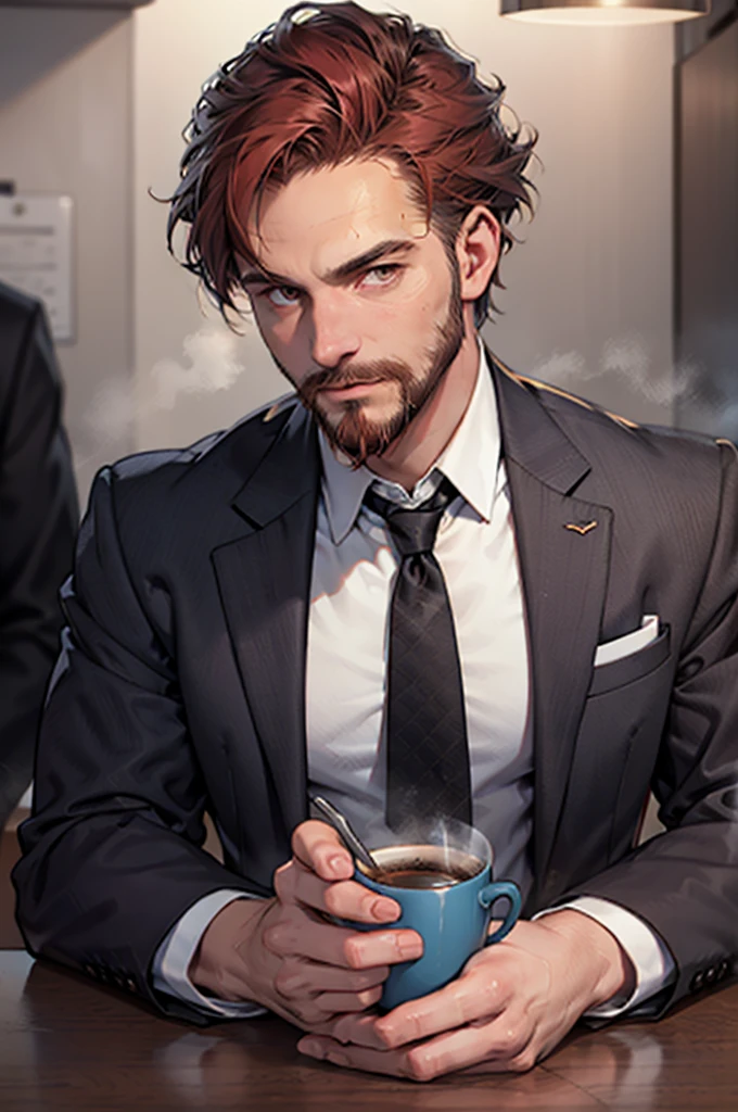 (best quality, 4k, 8k, high resolution, masterpiece: 1.2), detailed facial features, spectacular lighting, anatomically correct, super detail, (red hair and bandholz beard), elegant blue suit, white shirt and yellow tie, drinking a cup of coffee in a retro bar, happy look