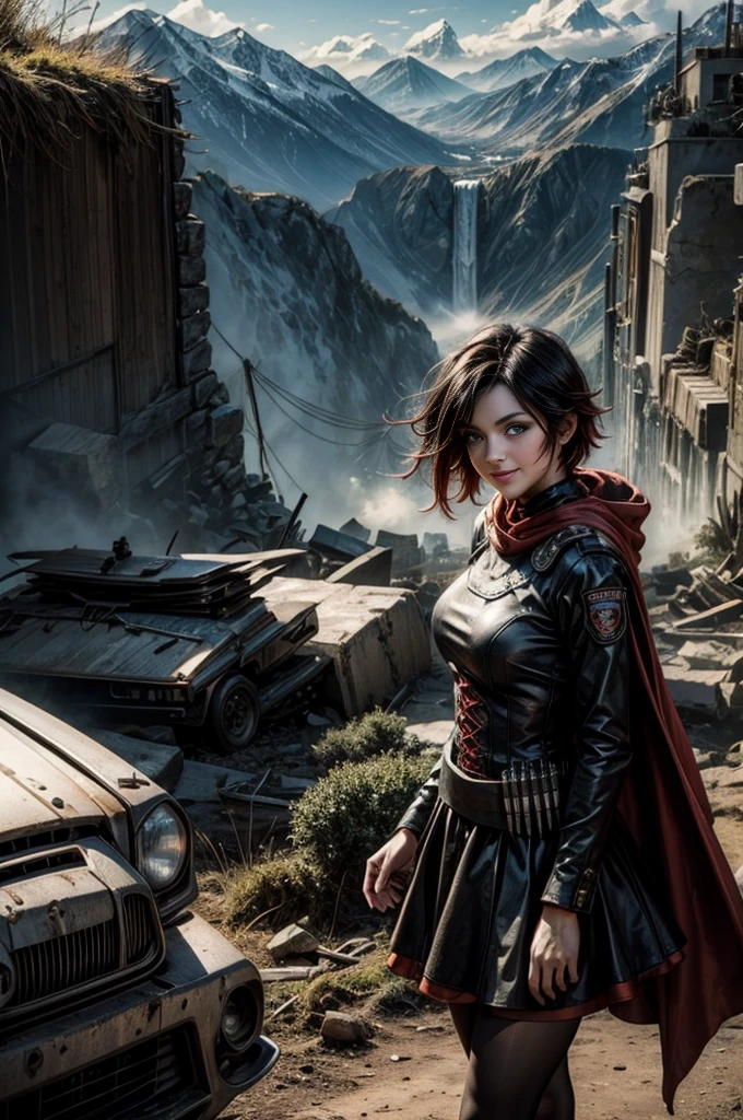 (masterpiece, best quality:1.2), cowboy shot, solo, 1girl, ruby rose, grin, looking at viewer, arms behind back, black dress, long sleeves, red cape, pantyhose, standing with crowd in city ruins on hill, overlooking valley, (crowd in military uniforms) BREAK mountains in background, waterfall, vehicle wreck, , (crowd in military uniform), bonfires, post-apocalypse, dystopian future