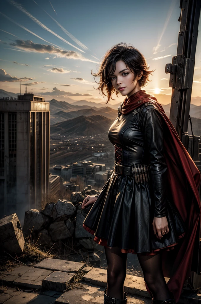 (masterpiece, best quality:1.2), cowboy shot, solo, 1girl, ruby rose, grin, looking at viewer, arms behind back, black dress, long sleeves, red cape, pantyhose, standing with crowd in city ruins on hill, overlooking valley, (crowd in military uniforms) BREAK mountains in background, waterfall, vehicle wreck, , (crowd in military uniform), bonfires, post-apocalypse, dystopian future