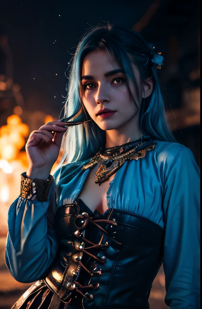 realistic, analog photo, Masterpiece, RAW photo, middle shot, photorealistic, (detailed cute face), skyscape with clouds, nightfall, cute woman, small european town in 1910,, short windblown skirt, soft steampunk aesthetic, , short blue hair, blue skin, detailed Arabic village on background, (ghost blue smoke body), smoke particles, halo, (bioluminescent:0.95), vivid colors, vibrant color details, dynamic, Intensed eyes, sexy, pleasure, smoke splash, wishmaster, depth of field, 35mm, film grain, raw photo, isometric, extremely detailed