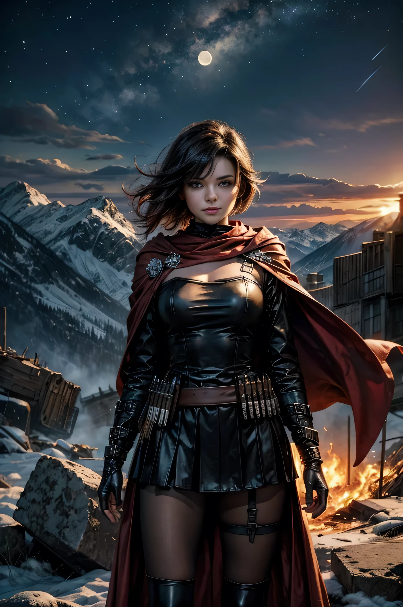 (masterpiece, best quality:1.2), cowboy shot, solo, 1girl, ruby rose, grin, looking at viewer, arms behind back, black dress, long sleeves, red cape, pantyhose, standing with crowd in city ruins on hill, overlooking valley, (crowd in military uniforms) BREAK night, stars, moon, snow, BREAK mountains in background, waterfall, vehicle wreck, , (crowd in military uniform), bonfires, post-apocalypse, dystopian future