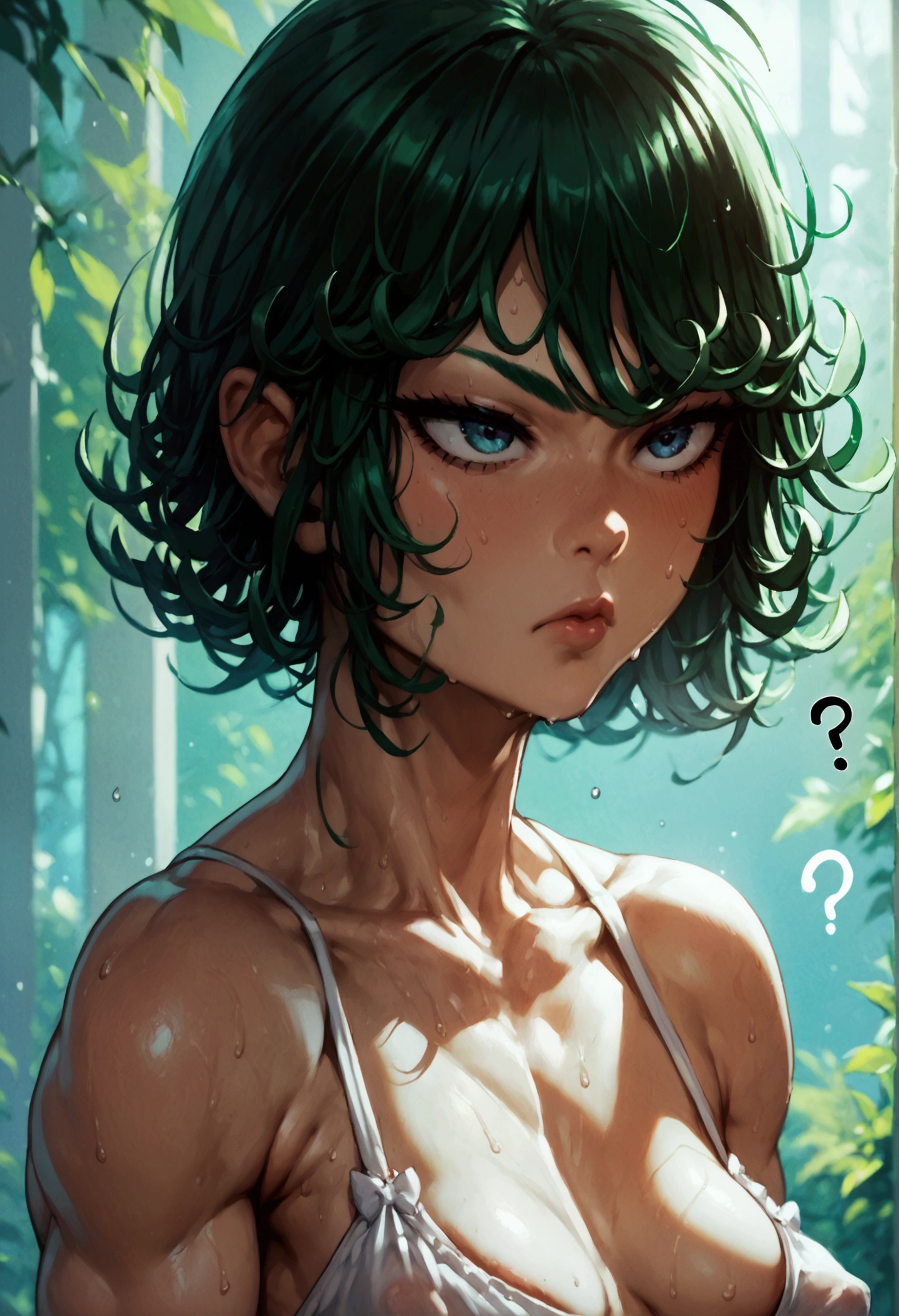 score_9, score_8_up, score_7_up, score_6_up, score_5_up, score_4_up, 1GIRL,TATSUMAKI, (SHORTSTACK:0.9), FIT BODY, MUSCLE THIGHS, WIDE THIGHS, SMALL BREASTS, SAGGY BREAST, EXCESSIVE PUBIC HAIR, SWEAT DROPPING, QUESTION MARKS, 