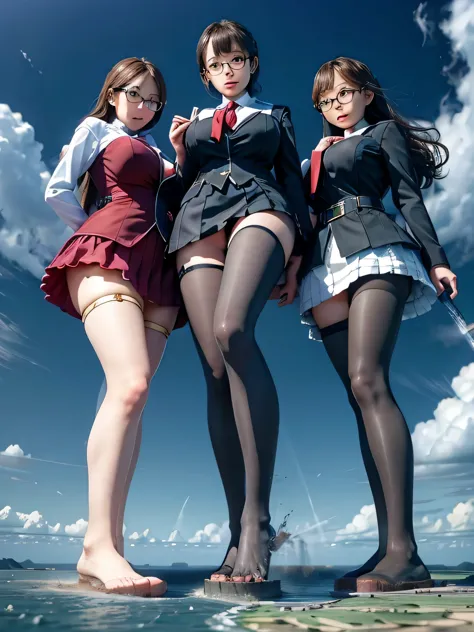 multiple girls, 3girls, standing, giantess art, highly detailed giantess shots, giantess, most detailed, perfect face, Two legs,...