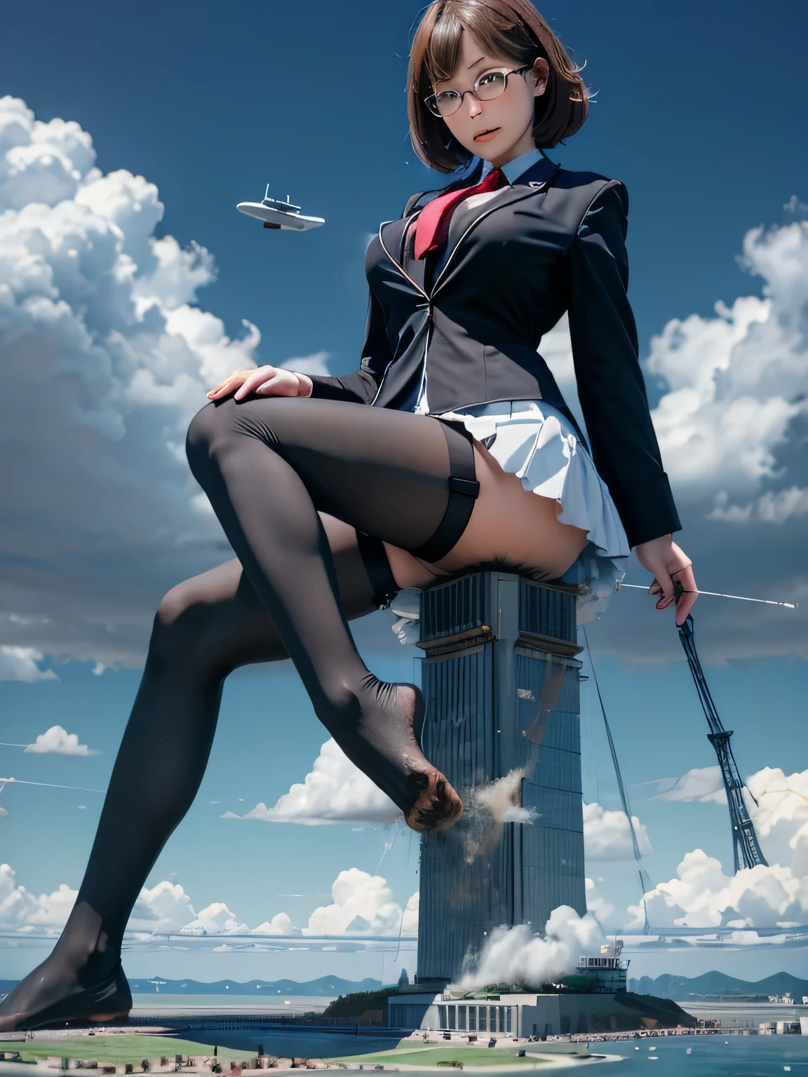 multiple girls, 3girls, standing, giantess art, highly detailed giantess shots, giantess, most detailed, perfect face, Two legs, Five fingers, short hair, A high school girl who is bigger than a skyscraper, Wearing rimless glasses, smile, huge breasts, Navy blazer, Red tie, mini skirt, black pantyhose, no shoes on, toes visible through pantyhose, Steam coming out from the soles of my feet, seaside metropolis, numerous miniature warships on the sea, Destroying cities, Under heavy attack, A very small big city, Miniature metropolis, Full body description, GTS, giga giantess, stomping city, crash city, tiny city, micro city, pantyhose feet, High resolution, highest quality, masterpiece, 