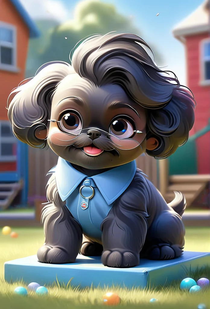 2 adorable black black black black black Shih Tzu puppies with big blue eyes wearing silver collars and sunglasses digging in school playground go to school, school in background happy, playful 3D Pixar Style