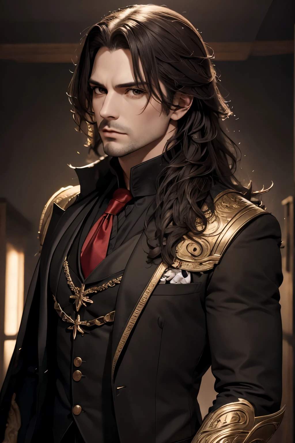 (neocruz), (Best Quality,4k,hight resolution:1.2),Ultra-detailed,Realistic,Portrait,Black & Gold Palette,Long flowing golden hairstyle, ((Red detailed eyes)), Vampire Liquids,radiant lighting,Detailed facial features,Dark background,Single man,in a black suit and black wings