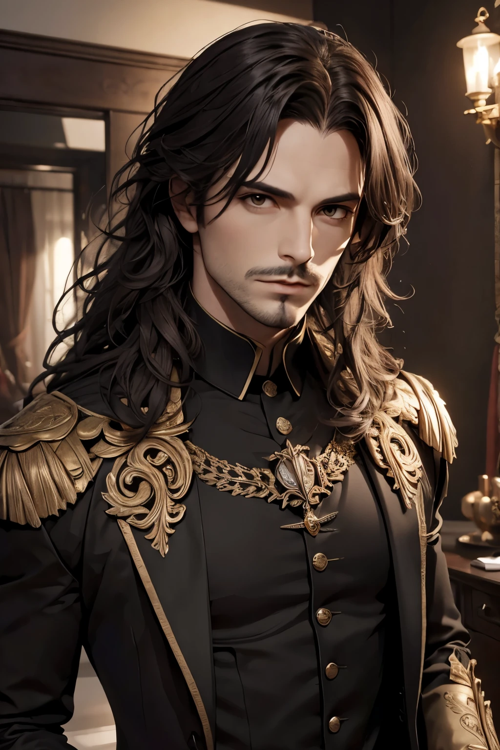 (neocruz), (Best Quality,4k,hight resolution:1.2),Ultra-detailed,Realistic,Portrait,Black & Gold Palette,Long flowing golden hairstyle, ((Red detailed eyes)), Vampire Liquids,radiant lighting,Detailed facial features,Dark background,Single man,in a black suit and black wings