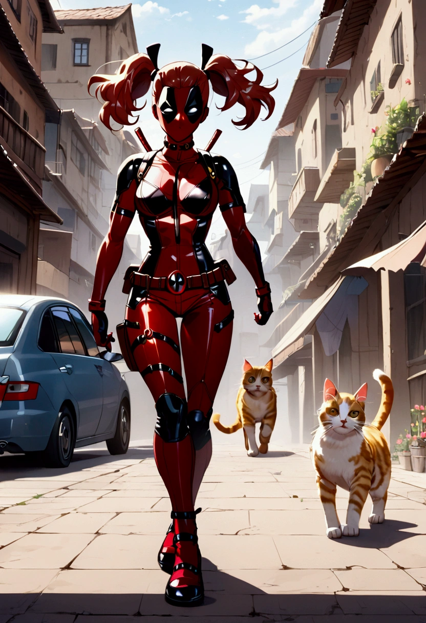 lady deadpool, anime style. cat walking