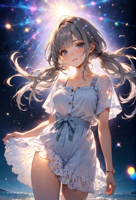 highest quality　masterpiece　high resolution　masterpiece gray eyes　low twin tails、casual summer outfit　、flowerpunk、sparkling ligh...