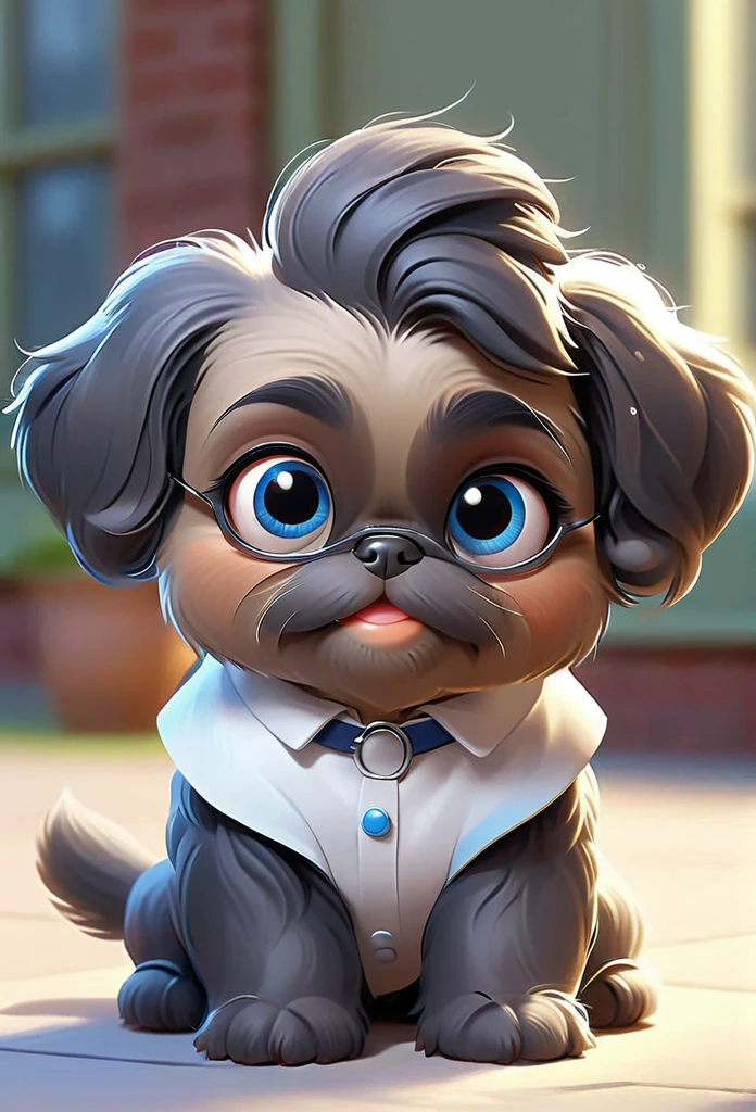 2 adorable black Shih Tzu puppies with big blue eyes wearing silver collars and sunglasses go to school nurse, go to school, school in background happy, playful 3D Pixar Style