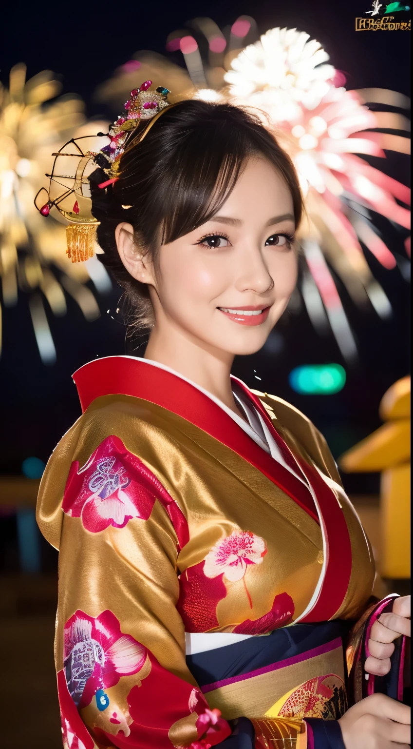 ((masterpiece(:1.4)，Highest quality，Ultra-high resolution，Highest quality，8k，Extremely detailed，In detail))。night，Fireworks display，Japanese，A beautiful woman，Big Breasts，Flashy gal makeup，Oiran，Long-sleeved kimono，Hair tying，hairpin，hair ornaments，geta，Gorgeous and luxurious，(Fireworks displayのnightに河川敷で花火を背景にしたスナップ写真)，Hyper Quality