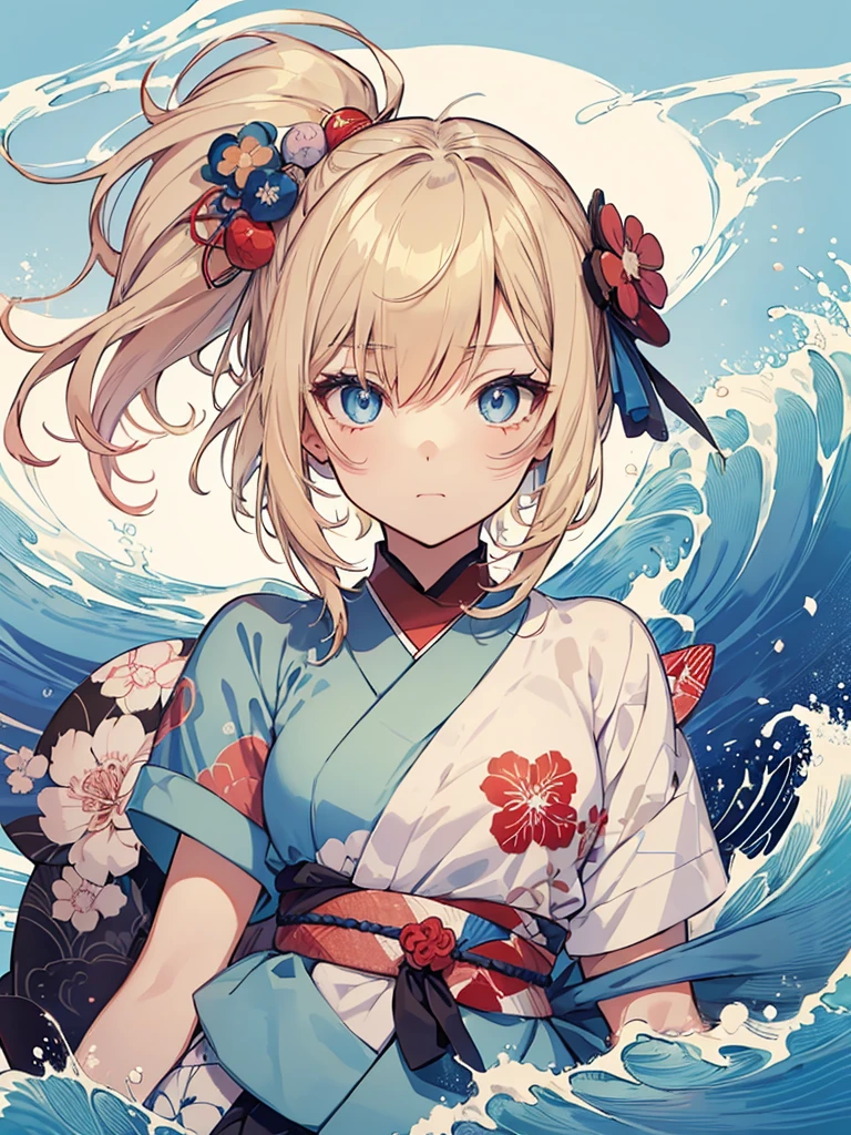 Japanese style t-shirt design, Hokusai Wave, Hokusai Stil, with modern anime elements,((Beautiful blue eyes)) blonde hair, blue eyes,((Get excited)) Pastelfarben, 1girl, cute, kawaii, Sweet, Pastel, 